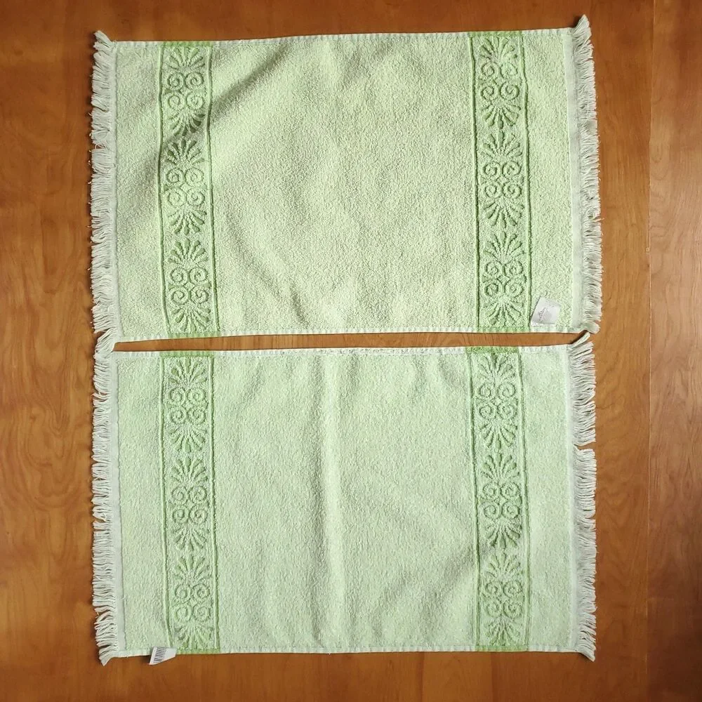 VTG Cannon Hand Towel Lot of 2 Green Sculpted Floral Fringe USA MCM Style READ